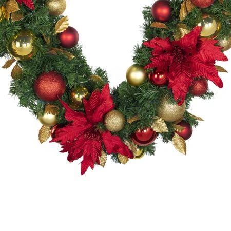 Decorated - 9' X 14" Oregon Fir Garland - Unlit - DELUXE Royal Poinsettia 3 Decorated - 9' X 14" Oregon Fir Garland - Unlit - DELUXE Royal Poinsettia - Image 3