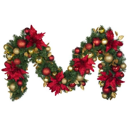 Decorated - 9' X 14" Oregon Fir Garland - Unlit - DELUXE Royal Poinsettia 1 Decorated - 9' X 14" Oregon Fir Garland - Unlit - DELUXE Royal Poinsettia