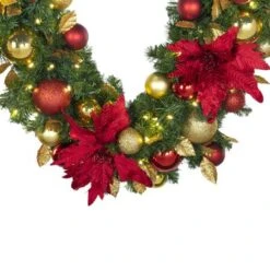 Decorated - 9' X 14" Oregon Fir Garland - LED - DELUXE Royal Poinsettia 6 Decorated - 9' X 14" Oregon Fir Garland - LED - DELUXE Royal Poinsettia -Twinkly Sales Shop dg 914 led del rgd ep crop