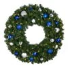 36" Lit LED Warm White Decorated Wreath - Blue And Silver Décor - Bow Option Available