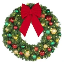 36" Lit LED Warm White Decorated Wreath - DELUXE Colors Of The Holidays - Bow Option Available -Twinkly Sales Shop dw 36 led del coth b vb 12 r 1