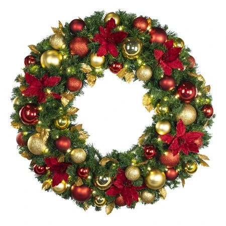 36" Lit LED Warm White Decorated Wreath - DELUXE Royal Poinsettia - Bow Option Available 1 36" Lit LED Warm White Decorated Wreath - DELUXE Royal Poinsettia - Bow Option Available