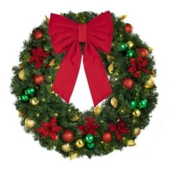 36" Lit LED Warm White Decorated Wreath - Elegant Poinsettia - Bow Option Available 6 36" Lit LED Warm White Decorated Wreath - Elegant Poinsettia - Bow Option Available -Twinkly Sales Shop dw 36 led ep b vb 12 r