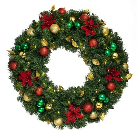 36" Lit LED Warm White Decorated Wreath - Elegant Poinsettia - Bow Option Available 1 36" Lit LED Warm White Decorated Wreath - Elegant Poinsettia - Bow Option Available