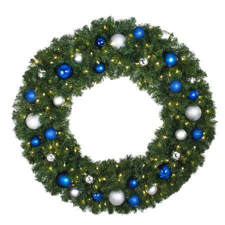 48" Lit LED Warm White Decorated Wreath - Blue And Silver Décor - Bow Option Available 1 48" Lit LED Warm White Decorated Wreath - Blue And Silver Décor - Bow Option Available