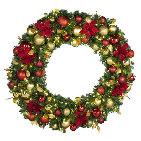 48" Lit LED Warm White Decorated Wreath - DELUXE Royal Poinsettia - Bow Option Available 1 48" Lit LED Warm White Decorated Wreath - DELUXE Royal Poinsettia - Bow Option Available