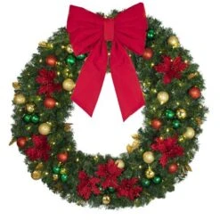48" Lit LED Warm White Decorated Wreath - Elegant Poinsettia - Bow Option Available -Twinkly Sales Shop dw 48 led ep b vb 18 r