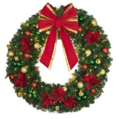 48" Lit LED Warm White Decorated Wreath - Elegant Poinsettia - Bow Option Available -Twinkly Sales Shop dw 48 led ep b vb 18 rgt
