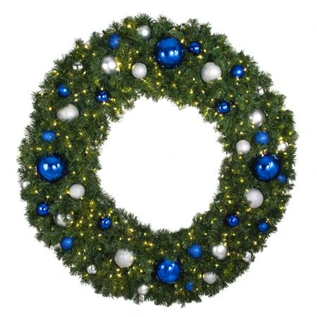 60" Lit LED Warm White Decorated Wreath - Blue And Silver Décor - Bow Option Available 1 60" Lit LED Warm White Decorated Wreath - Blue And Silver Décor - Bow Option Available