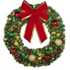 60" Lit LED Warm White Decorated Wreath - DELUXE Colors Of The Holidays - Bow Option Available -Twinkly Sales Shop dw 60 led del coth b vb 24 rgt