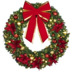 60" Lit LED Warm White Decorated Wreath - DELUXE Royal Poinsettia - Bow Option Available -Twinkly Sales Shop dw 60 led del ep b vb 24 rgt
