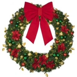60" Lit LED Warm White Decorated Wreath - Elegant Poinsettia - Bow Option Available 7 60" Lit LED Warm White Decorated Wreath - Elegant Poinsettia - Bow Option Available -Twinkly Sales Shop dw 60 led ep b vb 24 r