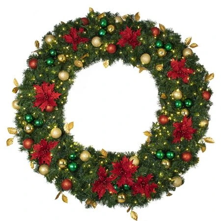 60" Lit LED Warm White Decorated Wreath - Elegant Poinsettia - Bow Option Available 1 60" Lit LED Warm White Decorated Wreath - Elegant Poinsettia - Bow Option Available