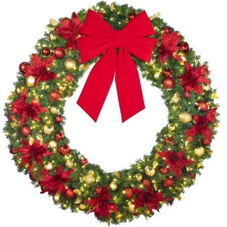72" Lit LED Warm White Decorated Wreath - DELUXE Royal Poinsettia - Bow Option Available 2 72" Lit LED Warm White Decorated Wreath - DELUXE Royal Poinsettia - Bow Option Available - Image 2