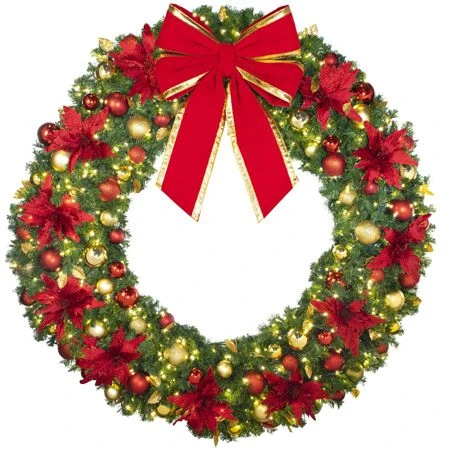 72" Lit LED Warm White Decorated Wreath - DELUXE Royal Poinsettia - Bow Option Available 3 72" Lit LED Warm White Decorated Wreath - DELUXE Royal Poinsettia - Bow Option Available - Image 3