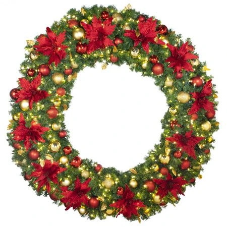 72" Lit LED Warm White Decorated Wreath - DELUXE Royal Poinsettia - Bow Option Available 1 72" Lit LED Warm White Decorated Wreath - DELUXE Royal Poinsettia - Bow Option Available