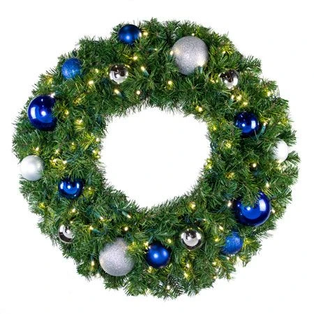 30" Lit LED Warm White Decorated Wreath - Blue And Silver Décor - Bow Option Available 1 30" Lit LED Warm White Decorated Wreath - Blue And Silver Décor - Bow Option Available