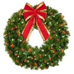 36" Lit Pure White And Red Deluxe Oregon Fir Wreath - Bow Option Available -Twinkly Sales Shop w 36 dofl pwr b vb 8 rgt