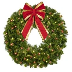 36" Lit Warm White And Red Deluxe Oregon Fir Wreath - Bow Option Available -Twinkly Sales Shop w 36 dofl wwr b vb 12 rgt