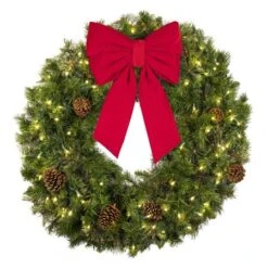 36" Lit Warm White Deluxe Mixed Pine Wreath - Bow Option Available -Twinkly Sales Shop w 36 mpl t ww b vb 12 r
