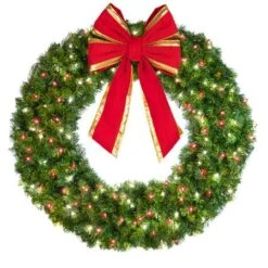 48" Lit Pure White And Red Deluxe Oregon Fir Wreath - Bow Option Available -Twinkly Sales Shop w 48 dofl 6 pwr b vb 18 rgt