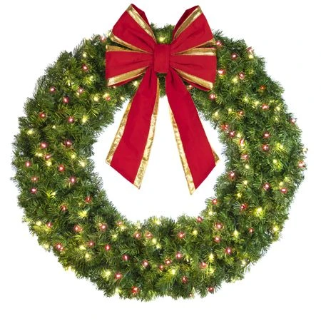 48" Lit Warm White And Red Deluxe Oregon Fir Wreath - Bow Option Available 2 48" Lit Warm White And Red Deluxe Oregon Fir Wreath - Bow Option Available - Image 2
