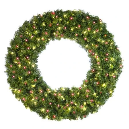 48" Lit Warm White And Red Deluxe Oregon Fir Wreath - Bow Option Available 1 48" Lit Warm White And Red Deluxe Oregon Fir Wreath - Bow Option Available
