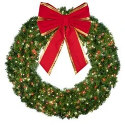 60" Lit Pure White And Red Deluxe Oregon Fir Wreath - Bow Option Available -Twinkly Sales Shop w 60 dofl 6 pwr b vb 18 rgt